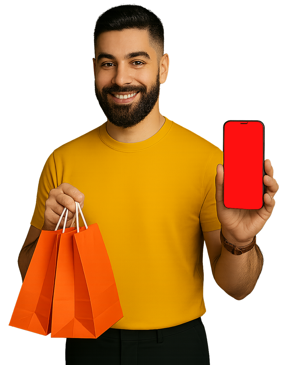 Pessoa com sacolas e celular